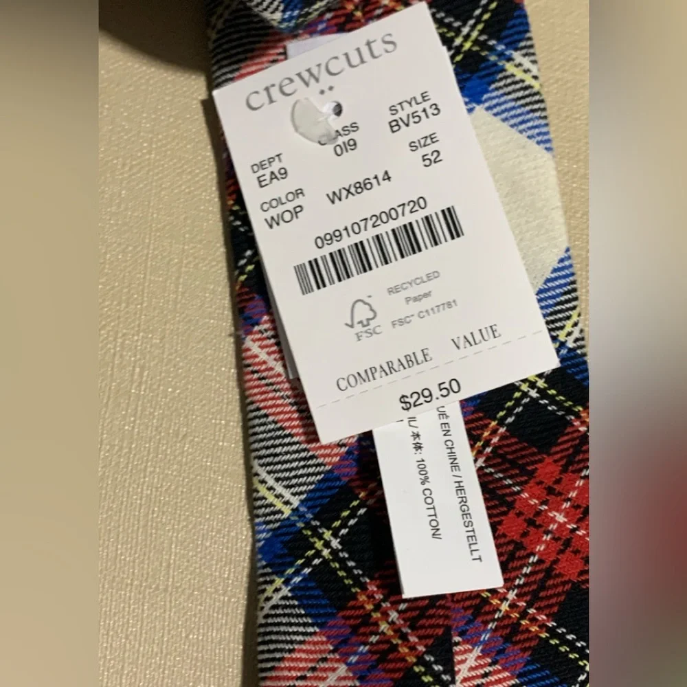 J. Crew Crewcuts Tartan Tie 100% Cotton 52”L NEW 2.5”